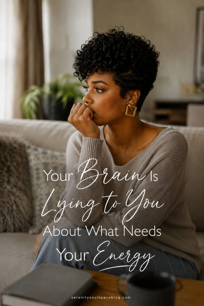 Thoughtful woman with short curly hair sitting on a couch in a cozy living room, looking worried and deep in thought. Large text overlay reads, “Your Brain Is Lying to You About What Needs Your Energy” in a mix of script and modern fonts. Soft natural light, neutral decor, and a calm home setting create a reflective emotional wellness theme.