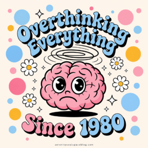 Retro-style illustration featuring a pink cartoon brain with a worried expression beneath the words “Overthinking Everything Since 1980.” The square design includes baby blue, pink, and yellow polka dots, white daisies, sparkles, and swirling lines above the brain, creating a playful and humorous visual about overthinking and anxiety.