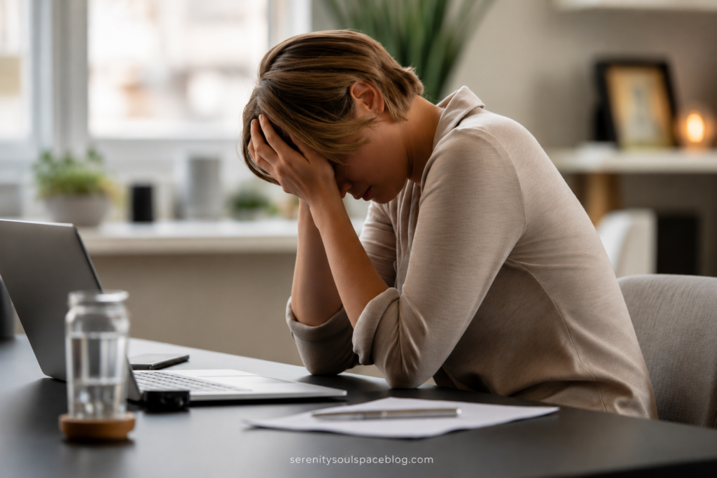 Exhausted woman sitting at a desk with her head in her hands beside an open laptop, phone, and glass of water. The softly lit home office scene represents stress, burnout, emotional exhaustion, anxiety, and midweek overwhelm.