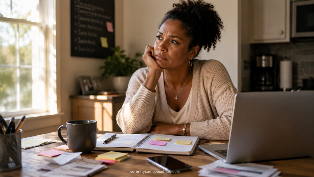 A woman sits at a kitchen table in the morning sunlight, surrounded by a laptop, planner, coffee mug, notes, and paperwork. She gazes thoughtfully into the distance, reflecting feelings of mental fatigue, emotional overwhelm, decision fatigue, stress, and the midweek slump despite getting enough rest. Warm natural lighting and a realistic home setting create a relatable scene of everyday emotional exhaustion.