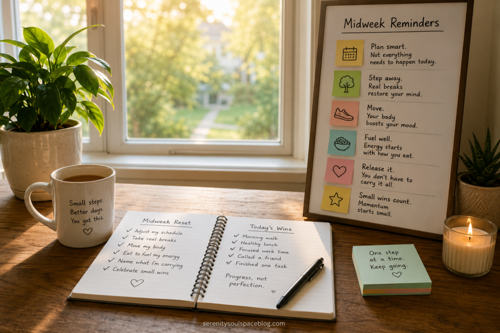 Warm and inviting home office scene featuring a sunlit desk with a notebook, pen, coffee mug, candle, houseplants, and encouraging reminders. A handwritten midweek reset checklist highlights healthy habits such as taking real breaks, moving your body, eating nourishing foods, and celebrating small wins. Soft golden light streaming through the window creates a hopeful atmosphere that symbolizes overcoming the midweek slump, reducing stress, building momentum, and finding renewed energy through simple daily habits.