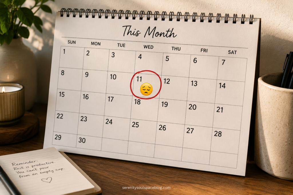 Realistic desktop calendar displaying a 30-day month with a Wednesday date circled in red and marked with a tired face emoji. The calendar sits on a warm wooden desk beside a notebook, candle, pen holder, and houseplant. Soft natural lighting creates a calm and reflective atmosphere, symbolizing the midweek slump, emotional fatigue, stress accumulation, and the reminder that feeling drained in the middle of the week is a normal response to carrying ongoing responsibilities.