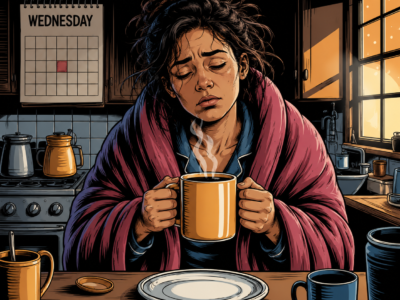 The Midweek Slump: Why Your Mind and Body Need More Than Rest Square featured image in a vintage comic-book style showing a groggy woman with messy bedhead hair wrapped in a robe and holding a steaming coffee mug at a kitchen table. A wall calendar behind her reads “WEDNESDAY,” reinforcing the midweek exhaustion theme. Warm morning sunlight streams through the window while coffee cups, dishes, and kitchen items surround her. Her tired expression and slumped posture capture the feeling of waking up drained, overwhelmed, and struggling through the middle of the week despite trying to power through.