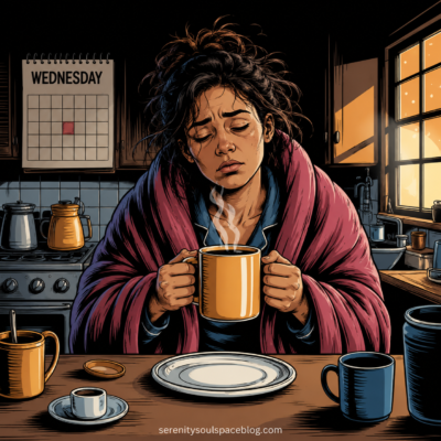 Square featured image in a vintage comic-book style showing a groggy woman with messy bedhead hair wrapped in a robe and holding a steaming coffee mug at a kitchen table. A wall calendar behind her reads “WEDNESDAY,” reinforcing the midweek exhaustion theme. Warm morning sunlight streams through the window while coffee cups, dishes, and kitchen items surround her. Her tired expression and slumped posture capture the feeling of waking up drained, overwhelmed, and struggling through the middle of the week despite trying to power through.