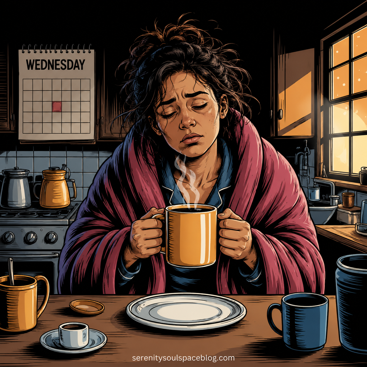 Square featured image in a vintage comic-book style showing a groggy woman with messy bedhead hair wrapped in a robe and holding a steaming coffee mug at a kitchen table. A wall calendar behind her reads “WEDNESDAY,” reinforcing the midweek exhaustion theme. Warm morning sunlight streams through the window while coffee cups, dishes, and kitchen items surround her. Her tired expression and slumped posture capture the feeling of waking up drained, overwhelmed, and struggling through the middle of the week despite trying to power through.