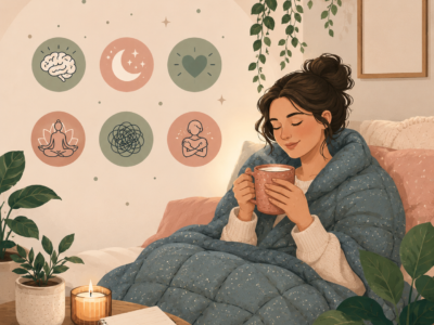 Why So Many Exhausted Adults Are Trying Weighted Blankets for the Midweek Slump Woman wrapped in a blue weighted blanket sits peacefully in a cozy bedroom holding a warm drink. Soft pastel illustrations of a brain, moon, heart, meditation pose, tangled thoughts, and self-comfort icons float nearby, symbolizing stress relief, better sleep, emotional regulation, and relaxation. Houseplants, a candle, books, and a journal create a calming self-care atmosphere. The artwork features a modern editorial vector illustration style with warm beige, sage green, dusty pink, and muted blue tones.