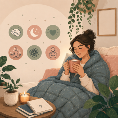 Woman wrapped in a blue weighted blanket sits peacefully in a cozy bedroom holding a warm drink. Soft pastel illustrations of a brain, moon, heart, meditation pose, tangled thoughts, and self-comfort icons float nearby, symbolizing stress relief, better sleep, emotional regulation, and relaxation. Houseplants, a candle, books, and a journal create a calming self-care atmosphere. The artwork features a modern editorial vector illustration style with warm beige, sage green, dusty pink, and muted blue tones.