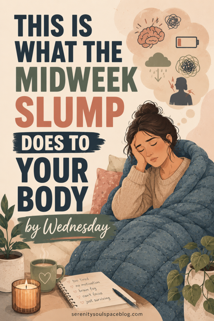 Pinterest-style editorial illustration showing an exhausted woman wrapped in a blue weighted blanket, sitting on a bed with her head resting in her hand. Large bold text reads, "This Is What the Midweek Slump Does to Your Body by Wednesday." Above her, illustrated icons represent brain fog, low energy, stress, mental overwhelm, emotional exhaustion, and physical tension. A cozy bedroom scene includes candles, plants, a steaming mug, and a notebook listing symptoms such as fatigue, lack of motivation, difficulty focusing, and brain fog. The artwork uses soft pastel tones of beige, dusty blue, sage green, and terracotta in a modern vector illustration style.