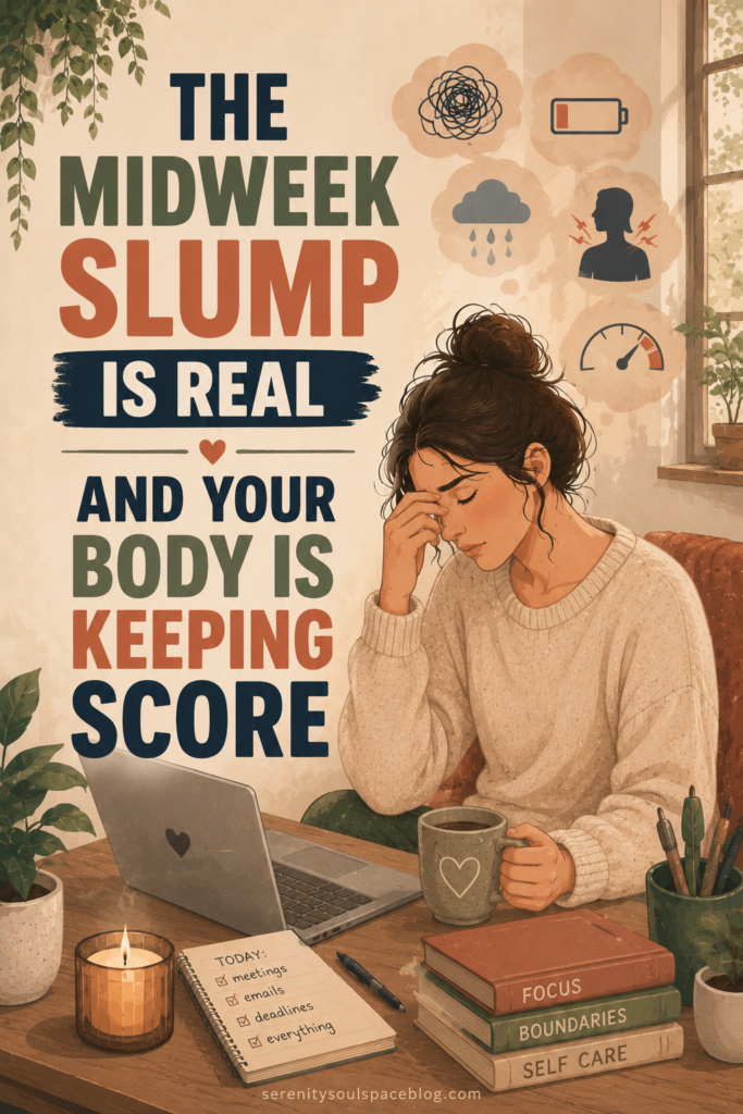 Pinterest pin featuring a modern editorial-style illustration of an exhausted woman sitting at a desk with her head resting in her hand while holding a coffee mug. Large bold text reads, "The Midweek Slump Is Real and Your Body Is Keeping Score." Around her are visual symbols of mental and physical exhaustion, including low battery, stress scribbles, body tension, emotional overload, and depleted energy icons. A laptop, candle, books, notebook, and houseplants create a cozy home-office setting. The artwork uses warm beige, sage green, terracotta, and navy blue tones in a soft vector illustration style.