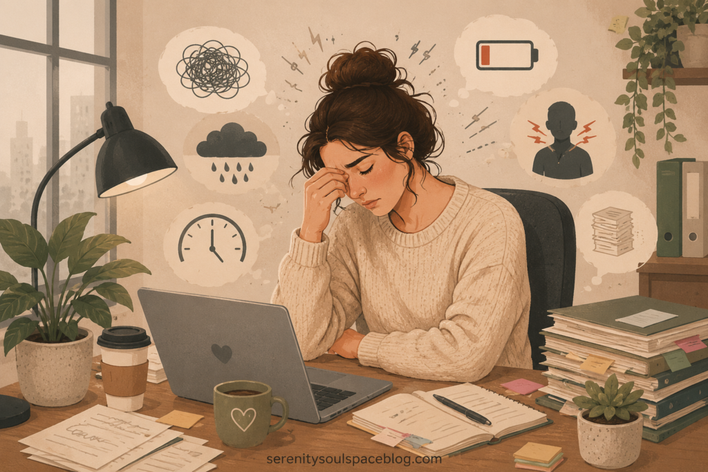 Landscape editorial-style illustration showing an exhausted woman sitting at an office desk, resting her head in her hand while staring at a laptop. Her workspace is cluttered with paperwork, notebooks, sticky notes, coffee cups, books, and desk plants, reflecting mental overload and decision fatigue. Floating icons around her represent stress, brain fog, low energy, emotional exhaustion, physical tension, time pressure, and a depleted battery. Large office windows and warm neutral tones create a cozy yet overwhelming work environment. The artwork uses soft pastel colors and a modern vector illustration style with beige, sage green, terracotta, and muted brown hues.