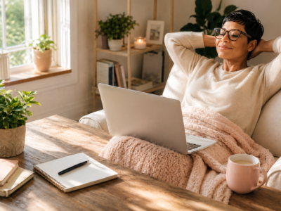 I Refused to Get a Second Job Woman working from home on a laptop while relaxing in a cozy chair with coffee and a blanket.