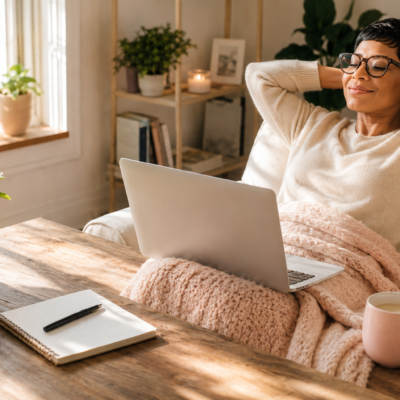 Woman working from home on a laptop while relaxing in a cozy chair with coffee and a blanket.