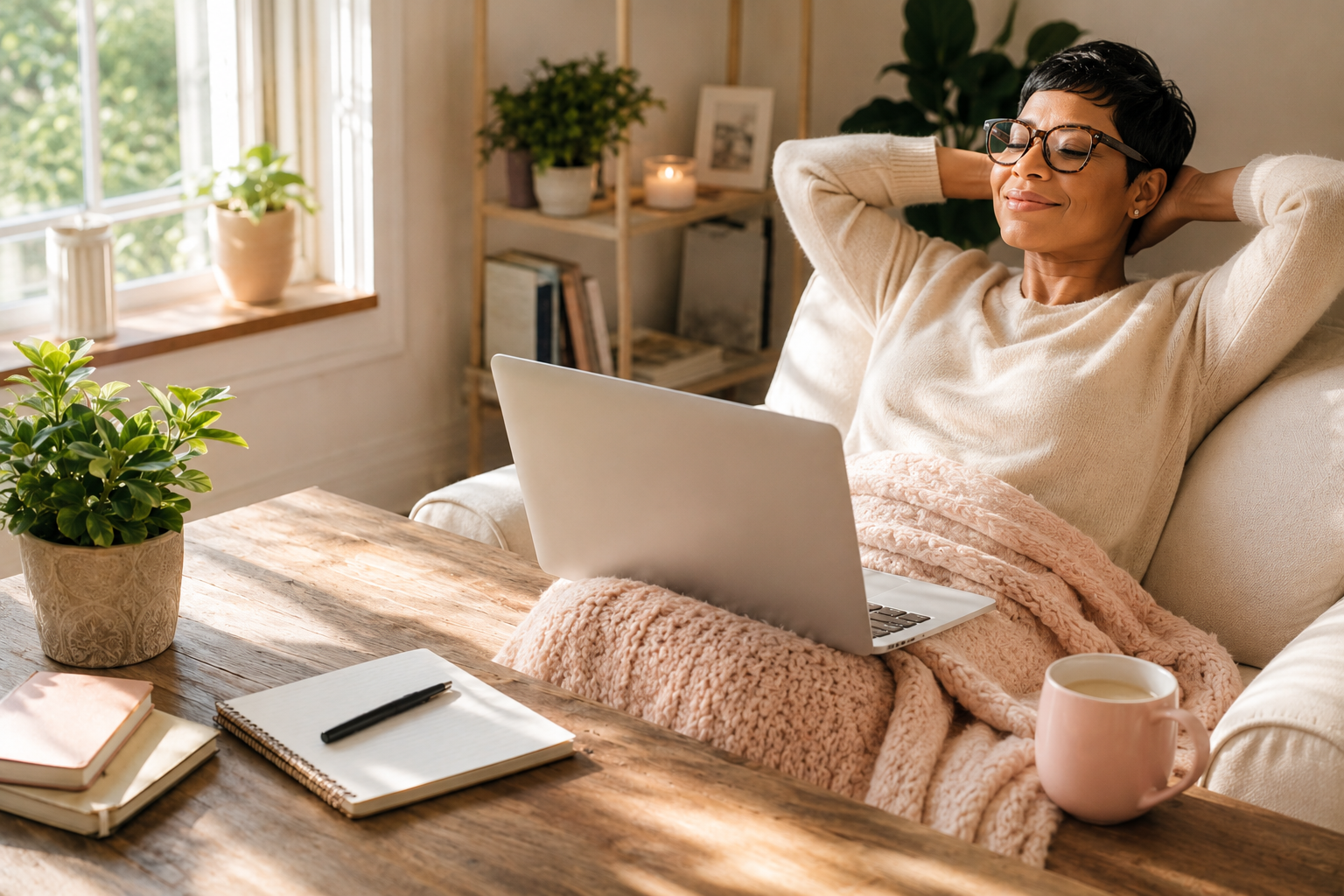 Woman working from home on a laptop while relaxing in a cozy chair with coffee and a blanket.