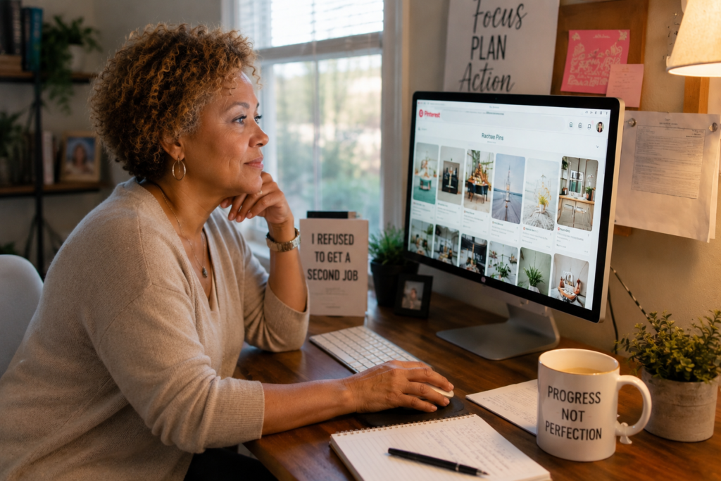 Woman in her 50s working at a home office desk, using Pinterest on a desktop computer while building an online income stream from home.