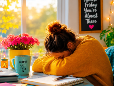 The Strange Reason You Feel Exhausted All the Time by Thursday Woman resting her head on her arms at a desk on a bright Thursday afternoon, surrounded by colorful flowers, a notebook, sticky notes, and a coffee mug, illustrating mental exhaustion, burnout, and feeling exhausted by the end of the workweek.