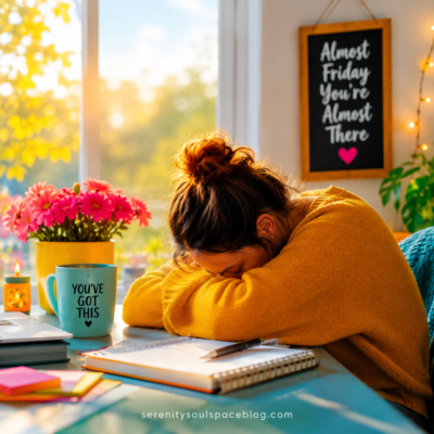 Woman resting her head on her arms at a desk on a bright Thursday afternoon, surrounded by colorful flowers, a notebook, sticky notes, and a coffee mug, illustrating mental exhaustion, burnout, and feeling exhausted by the end of the workweek.