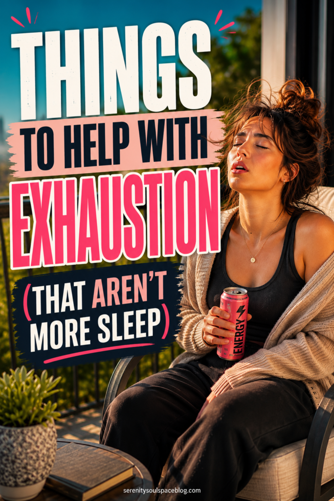 Realistic Pinterest pin showing an exhausted woman sitting on an outdoor patio chair at sunset, holding a pink energy drink while letting out a deep sigh. Her messy bangs lift slightly from her breath as she closes her eyes, visibly drained and overwhelmed. Large bold text reads, “Things to Help With Exhaustion” with a subheading, “(That Aren’t More Sleep).” The design uses vibrant teal, coral pink, navy, and white colors with oversized typography that fills much of the pin.