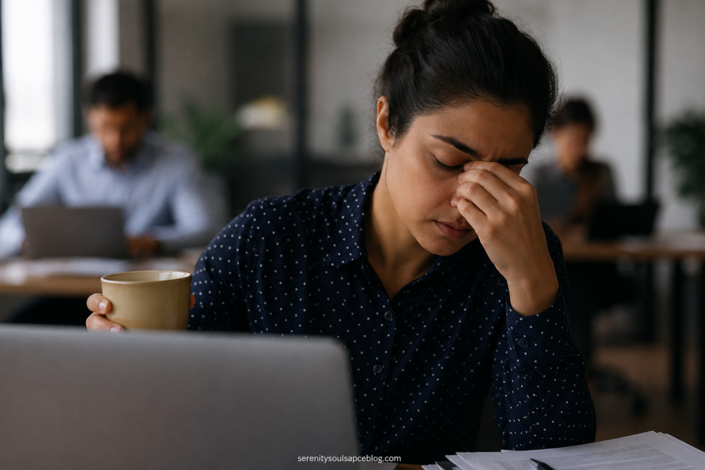 Realistic landscape image of an exhausted woman sitting at her desk in a modern office, holding a coffee mug while rubbing the bridge of her nose with her eyes closed. Papers and a laptop sit in front of her, while coworkers work in the blurred background. The scene conveys workplace stress, mental fatigue, burnout, and exhaustion. Soft natural lighting and shallow depth of field keep the focus on the woman’s overwhelmed expression.
