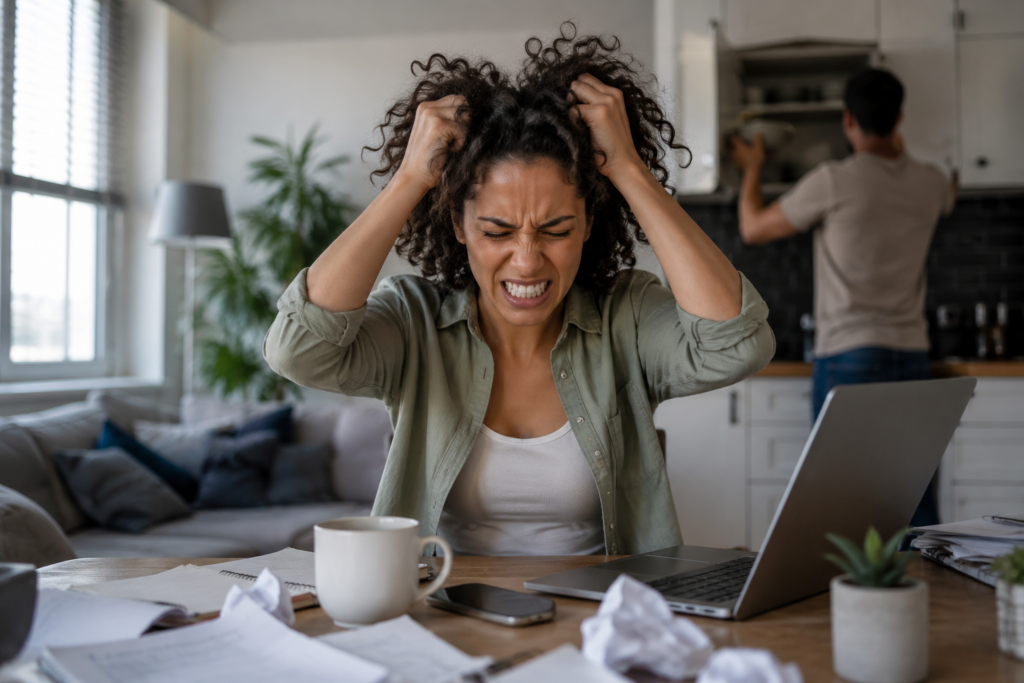 Mixed-race woman sitting at a cluttered table in a bright home kitchen, gripping her curly hair in visible frustration while a laptop, papers, coffee mug, and phone sit in front of her. A blurred person stands in the background near an open kitchen cabinet, capturing the feeling of emotional burnout and small irritations feeling much bigger than they should.