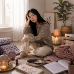 Soft, cozy featured image for an emotional burnout recovery article showing a woman with long dark hair sitting on the floor in a calm home setting. She looks emotionally drained and reflective, surrounded by self-care items including a purple acupressure mat, tea, candles, a blanket, coloring books, and wellness tools in warm neutral and blush tones.