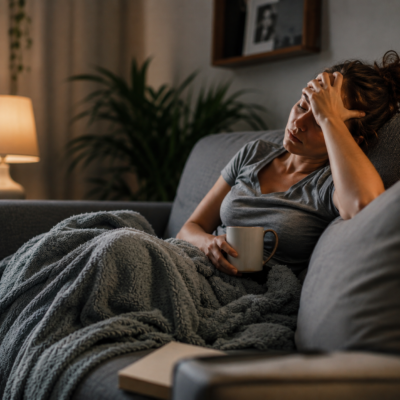 Woman curled up on a gray couch under a soft blanket, holding a mug and pressing her hand to her forehead in exhaustion. A warm lamp glows in the background, creating a cozy but emotionally drained end-of-week mood.
