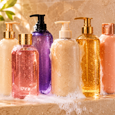 Eight colorful body wash bottles covered in water droplets and soap suds sit on a marble shower shelf beneath running water. The bottles have no labels and are arranged in a luxury spa-style bathroom with warm lighting, creamy bubbles, and a clean, fresh atmosphere.