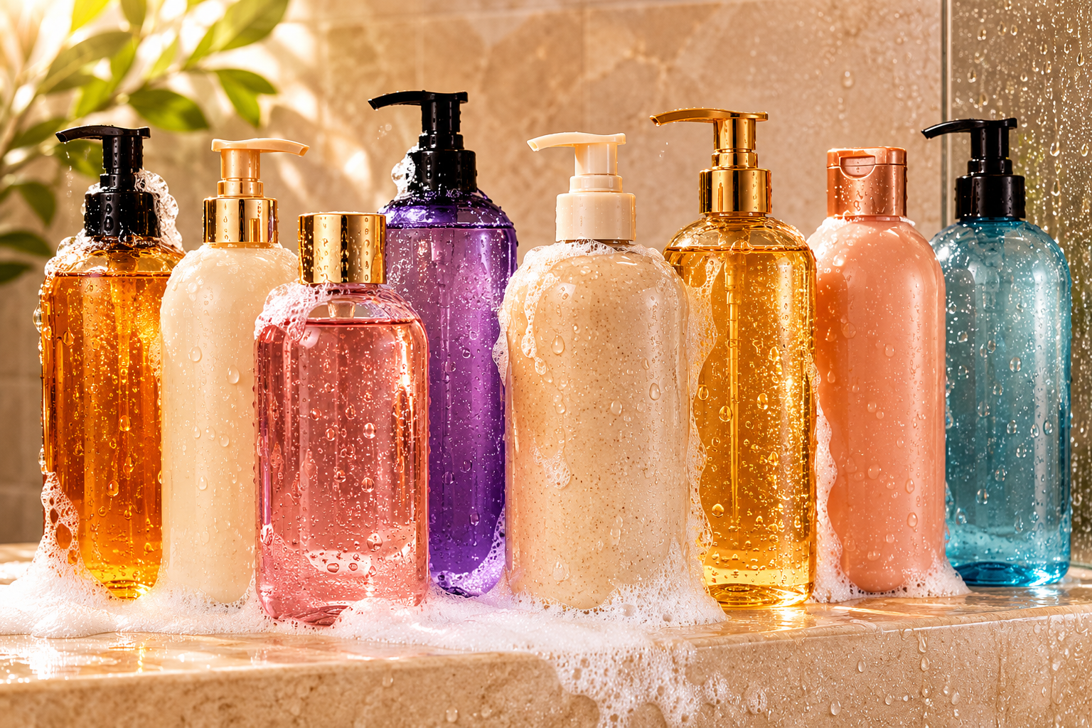 Eight colorful body wash bottles covered in water droplets and soap suds sit on a marble shower shelf beneath running water. The bottles have no labels and are arranged in a luxury spa-style bathroom with warm lighting, creamy bubbles, and a clean, fresh atmosphere.