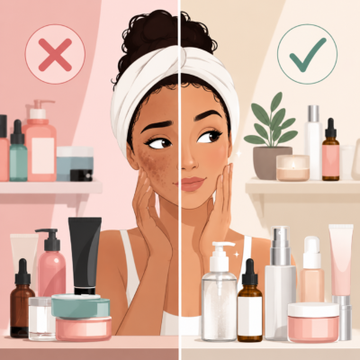 Illustrated skincare comparison featuring a woman with hyperpigmentation and dark spots shown in a split-screen design. One side displays cluttered skincare products and uneven skin, while the other shows a simplified skincare routine, organized products, and clearer, healthier-looking skin. The image highlights the difference between ineffective and effective skincare habits using a colorful, cartoon-style beauty illustration.