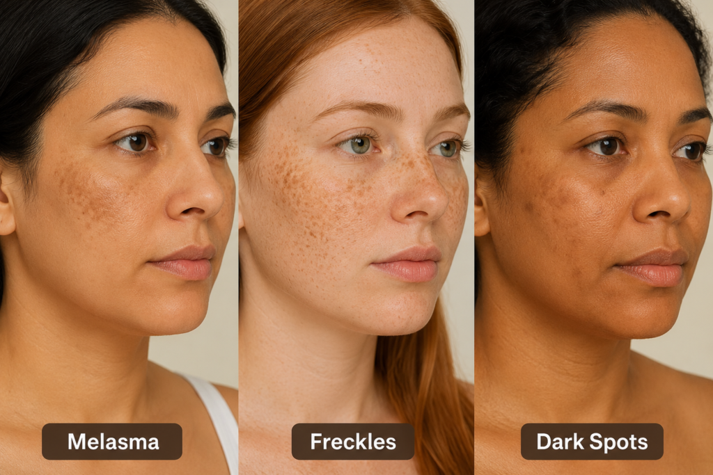Three side-by-side close-up portraits showing common forms of skin pigmentation. The first woman has melasma patches on her cheeks, the second woman has freckles across her nose and cheeks, and the third woman has dark spots and post-acne hyperpigmentation. The image highlights the visual differences between melasma, freckles, and dark spots across diverse skin tones.