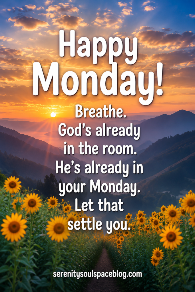 Happy Monday Pinterest pin featuring a golden sunrise breaking through clouds over a mountain valley, with bright yellow sunflowers lining a winding path. Large white text reads, “Happy Monday!” followed by an encouraging faith message: “Breathe. God’s already in the room. He’s already in your Monday. Let that settle you.” The design uses warm sunrise colors, dramatic sun rays, and an uplifting inspirational quote style.
