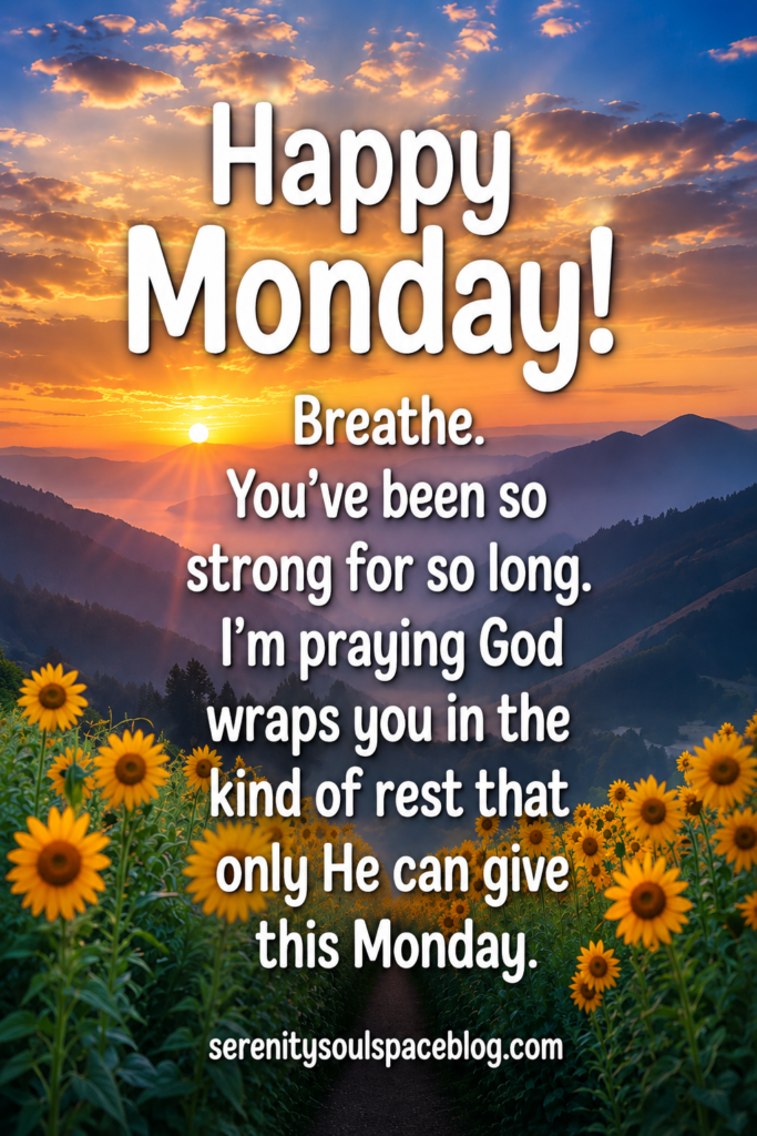 Happy Monday inspirational Pinterest pin featuring a glowing sunrise over layered mountain valleys and a winding path through bright yellow sunflowers. Large white text reads “Happy Monday!” followed by an encouraging faith message: “Breathe. You’ve been so strong for so long. I’m praying God wraps you in the kind of rest that only He can give this Monday.” Warm golden sunlight, dramatic clouds, and vibrant nature create a peaceful, uplifting start to the week.