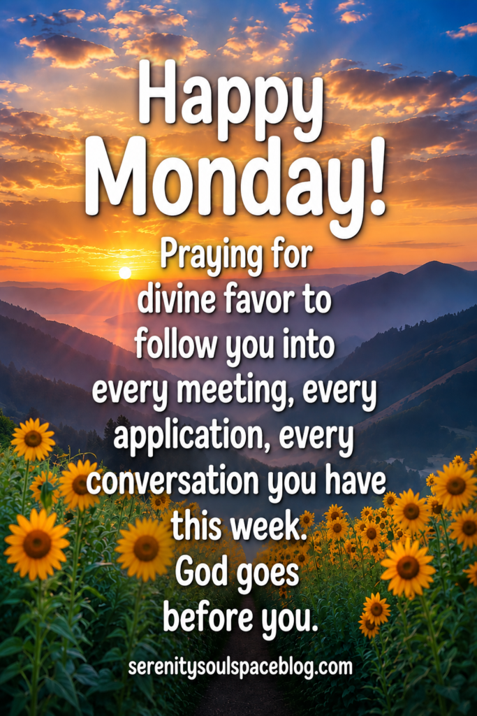 Happy Monday inspirational Pinterest pin featuring a golden sunrise shining over a peaceful mountain valley with vibrant yellow sunflowers lining a winding path. Large white text reads “Happy Monday!” followed by an encouraging blessing: “Praying for divine favor to follow you into every meeting, every application, every conversation you have this week. God goes before you.” The design uses warm sunrise colors, dramatic clouds, sun rays, and a hopeful faith-based message to inspire a positive start to the week.