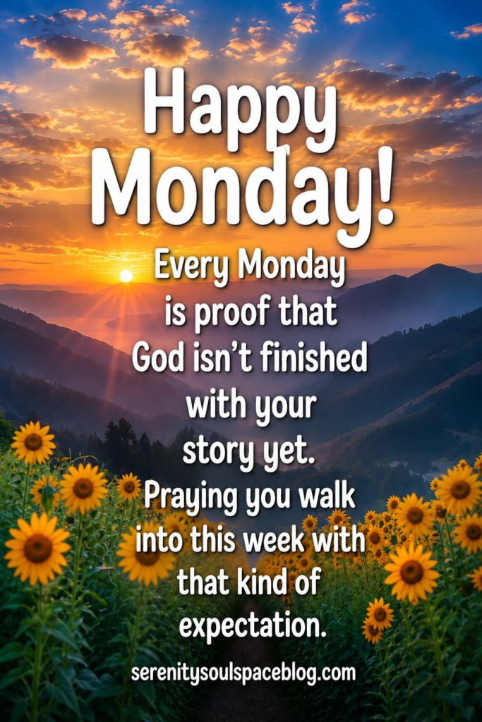 Happy Monday inspirational Pinterest pin featuring a radiant sunrise over a peaceful mountain valley with rows of bright yellow sunflowers lining a winding path. Large white text reads “Happy Monday!” followed by an uplifting faith message: “Every Monday is proof that God isn’t finished with your story yet. Praying you walk into this week with that kind of expectation.” Warm golden sunlight, dramatic clouds, and vibrant nature create a hopeful and encouraging start to the week.