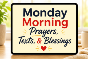 Featured image for a faith-based article showing a tablet resting on a wooden table in a bright, cozy morning setting. The tablet screen displays the title “Monday Morning Prayers, Texts, & Blessings” in large navy blue and red fonts with decorative accents and a small heart icon. A coffee mug, soft cream blanket, and green houseplant surround the tablet, creating a warm and peaceful atmosphere that reflects encouragement, prayer, and inspiration for the start of the week.