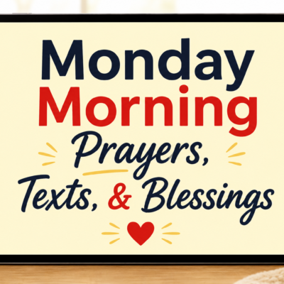 Featured image for a faith-based article showing a tablet resting on a wooden table in a bright, cozy morning setting. The tablet screen displays the title “Monday Morning Prayers, Texts, & Blessings” in large navy blue and red fonts with decorative accents and a small heart icon. A coffee mug, soft cream blanket, and green houseplant surround the tablet, creating a warm and peaceful atmosphere that reflects encouragement, prayer, and inspiration for the start of the week.
