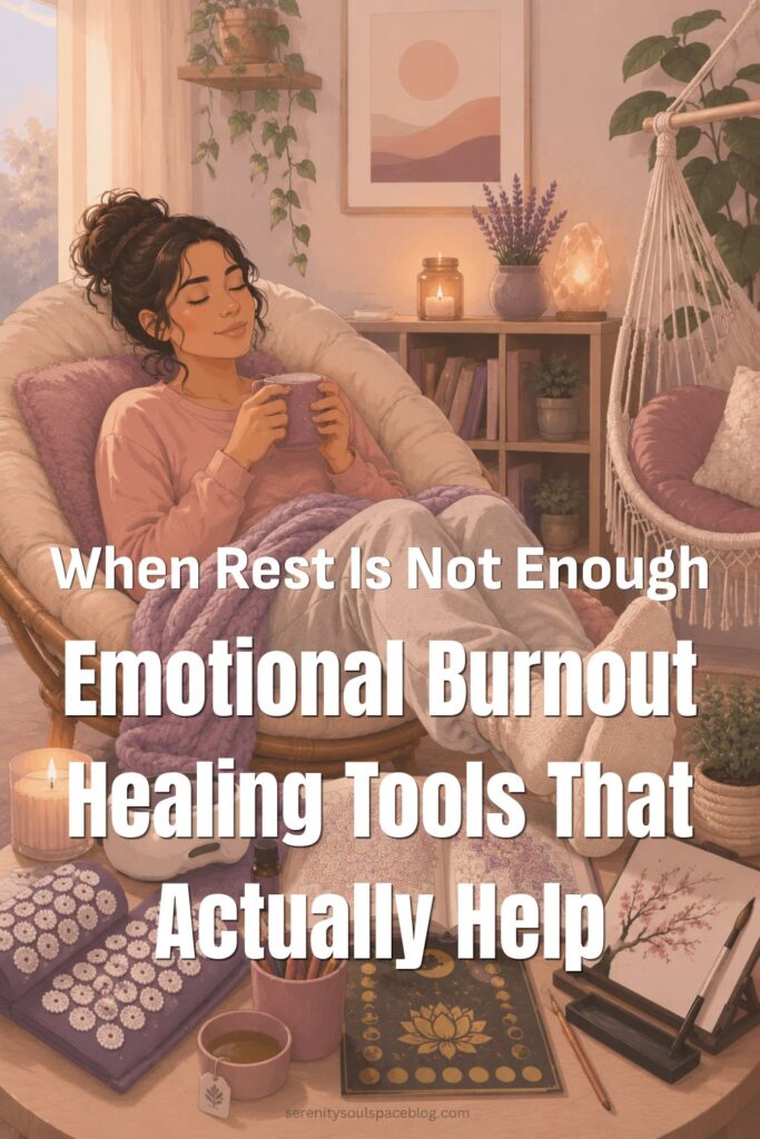 Pinterest pin in a cozy pastel editorial illustration style showing a woman in a cushioned chair with a blanket and tea, surrounded by calming self-care items like candles, books, plants, an acupressure mat, journal, and tea. Large white text reads, “When Rest Is Not Enough Emotional Burnout Healing Tools That Actually Help.”
