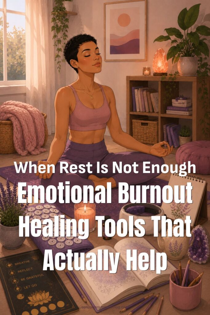 Cozy editorial-style Pinterest illustration of a woman with a pixie cut sitting cross-legged in a yoga pose, meditating on a purple yoga mat in a softly lit room. Her eyes are closed. Around her are calming burnout recovery items including a weighted blanket, heated eye massager, candle, lavender tea set, coloring book, journal, essential oil, plants, and warm home décor in muted blush, lavender, and cream tones.