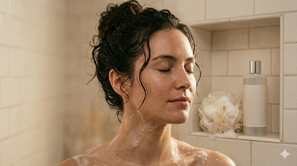 A close-up, landscape-oriented photograph with a shallow depth of field captures a woman enjoying a peaceful shower in a warm, misty setting. Her head, neck, and shoulders are visible, and she has her eyes closed with a calm expression. Her dark, wet hair is pinned up in a loose, messy bun with damp tendrils framing her face. Rich white soap lather covers her neck and shoulders. In a tiled wall niche to her right sits a frosted glass bottle with a silver cap and a completely blank, textless cream label. Next to the bottle is a cream-colored mesh loofah heavily coated in fluffy white suds dripping down the ledge, adding to the refreshing, spa-like aesthetic.