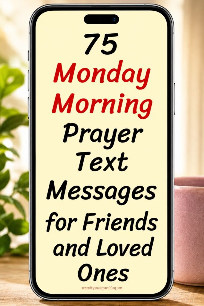 Pinterest pin featuring a large smartphone standing upright on a wooden surface with a soft-focus plant and pink mug in the background. The phone screen displays the article title “75 Monday Morning Prayer Text Messages for Friends and Loved Ones” in large handwritten-style lettering, with the words “Monday Morning” highlighted in red and the remaining text in black. The design has a warm, clean, and inviting feel that suggests faith-based encouragement and inspirational messages for sharing with friends and family.