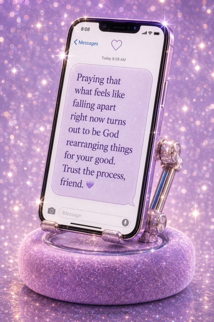 Sparkly Pinterest pin featuring a glitter-covered smartphone displayed on a plush decorative phone stand against a shimmering lavender and silver bokeh background. The phone screen shows an encouraging text message blessing that reads, “Praying that what feels like falling apart right now turns out to be God rearranging things for your good. Trust the process, friend.” Bright sparkles, rhinestone-like accents, and soft glowing lights create a glamorous, uplifting faith-inspired aesthetic.