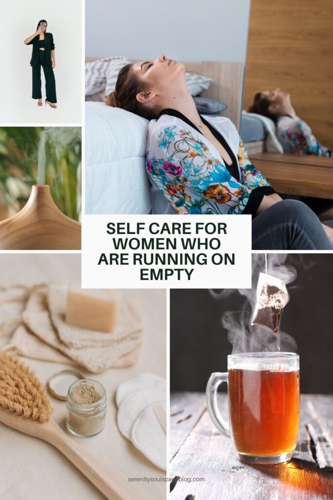 Pinterest-style collage featuring self-care ideas for women experiencing burnout and emotional exhaustion. The image includes a tired woman resting against a bed, a diffuser, herbal tea, cozy spa items, and a simple outfit. Bold text reads, “Self Care for Women Who Are Running on Empty.” The image represents rest, emotional wellness, stress relief, recovery, and self-care for overwhelmed women.