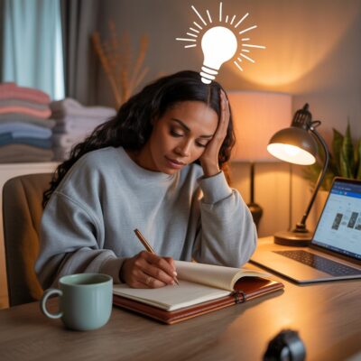 montage of an African American woman journaling, scrolling Pinterest late at night, folding laundry, then suddenly looking inspired as a light bulb flicks on.