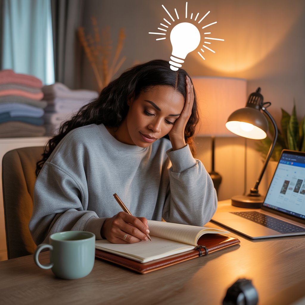 montage of an African American woman journaling, scrolling Pinterest late at night, folding laundry, then suddenly looking inspired as a light bulb flicks on.