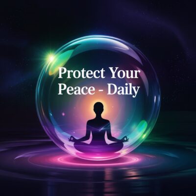 Digital illustration of a person sitting cross-legged in a meditation pose inside a glowing transparent bubble floating above reflective water. The scene features vibrant shades of purple, blue, pink, and teal with soft light effects, stars, and a radiant glow behind the figure. White text inside the bubble reads, “Protect Your Peace – Daily.” The artwork symbolizes emotional protection, inner peace, mindfulness, and personal boundaries.