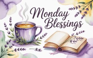 a serene Monday blessings greeting card with steaming cup of beverage and an open book