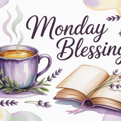 a serene Monday blessings greeting card with steaming cup of beverage and an open book