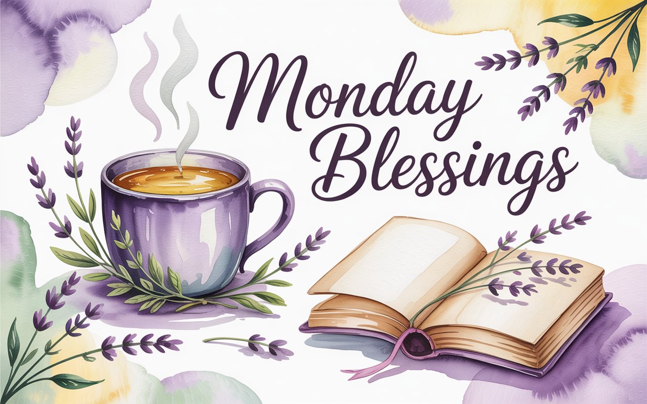a serene Monday blessings greeting card with steaming cup of beverage and an open book