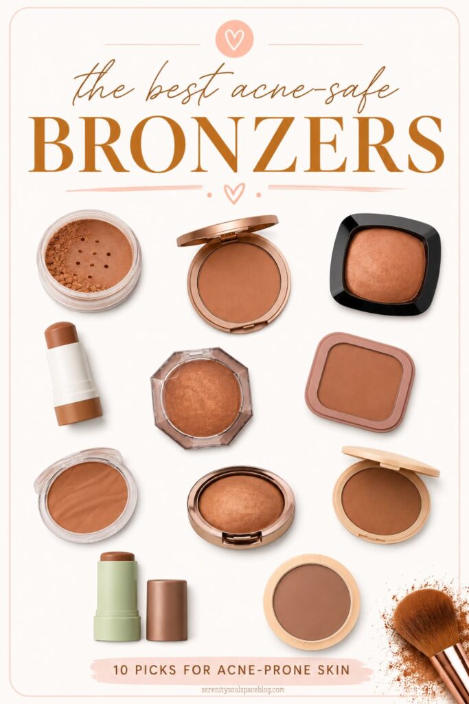 Pinterest infographic featuring 10 bronzer products arranged across a soft cream background. Large text reads “The Best Acne-Safe Bronzers” with various powder, cream, and stick bronzers displayed throughout the design, plus a bronzer brush in the bottom corner. Ideal for acne-prone skin and makeup lovers seeking breakout-friendly bronzers.