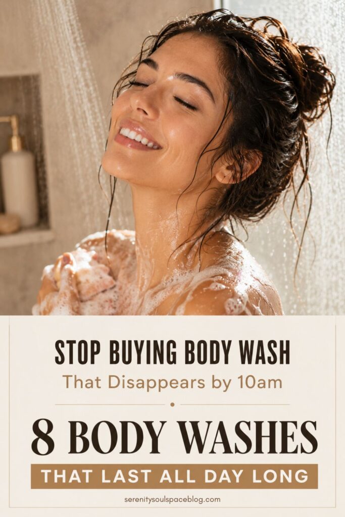 Woman with wet hair enjoying a luxurious shower while covered in rich body wash lather. The lower half of the Pinterest pin features elegant magazine-style typography reading, “Stop Buying Body Wash That Disappears by 10am” and “8 Body Washes That Last All Day Long,” set against a soft cream background with a sophisticated beauty editorial aesthetic.