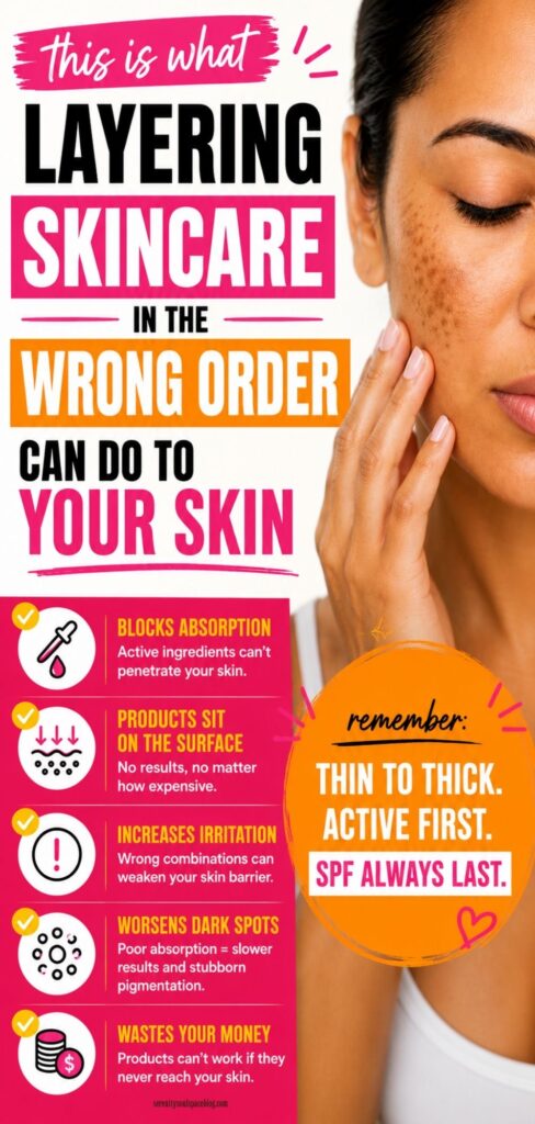 Pinterest infographic about skincare layering order featuring a woman with dark spots and hyperpigmentation. Bright pink and orange Canva-style design explains how applying skincare products in the wrong order can block absorption, increase irritation, worsen dark spots, and reduce results. Includes the reminder: “Thin to Thick. Active First. SPF Always Last.”